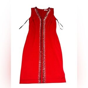 Calvin Klein NWT Red Bedazzled Deep V-neck Midi Cocktail Dress | 4